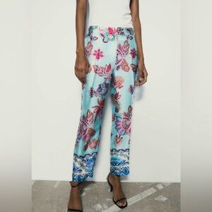 ZARA Blue print cropped-leg trousers, Floral Print Women's Pants